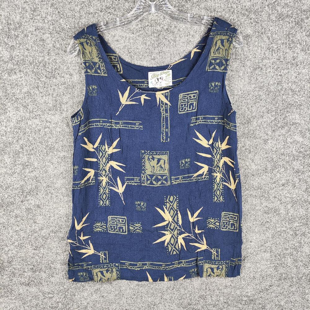 Big Dogs Tank Top Womens Small Blue Tropical Dog Bamboo Print Sleeveless Tunic